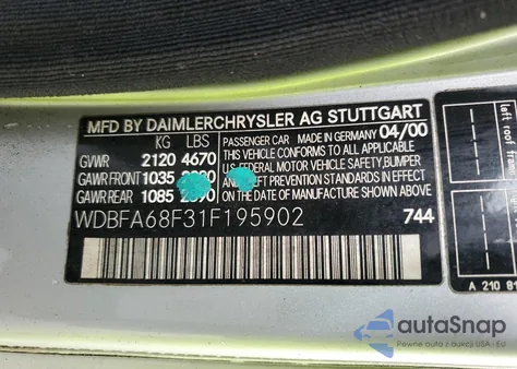 2001 Mercedes-Benz Sl 500 z USA, uszkodzony, nr VIN WDBFA68F31F195902